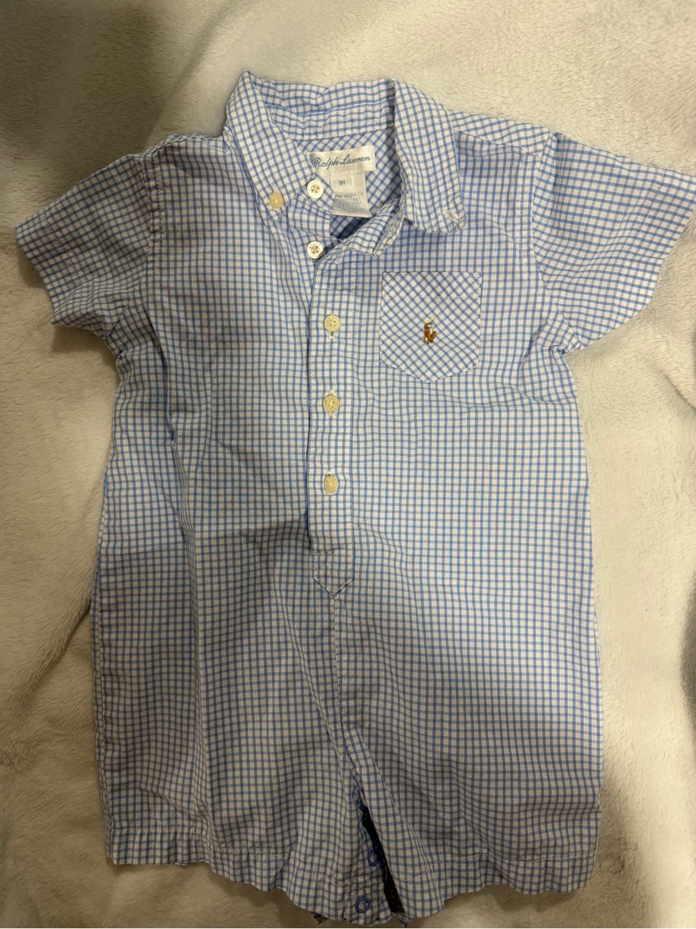 Ralph Lauren Blue Check Short-Sleeve One-Piece Shirt Romper